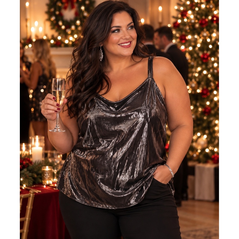Torrid Sophie Metallic Silver Teal Blue Foil Cami Tank Top Plus Size 2 2X